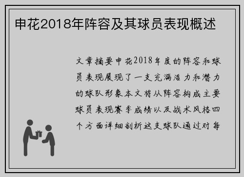 申花2018年阵容及其球员表现概述