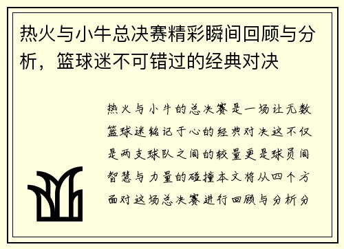 热火与小牛总决赛精彩瞬间回顾与分析，篮球迷不可错过的经典对决